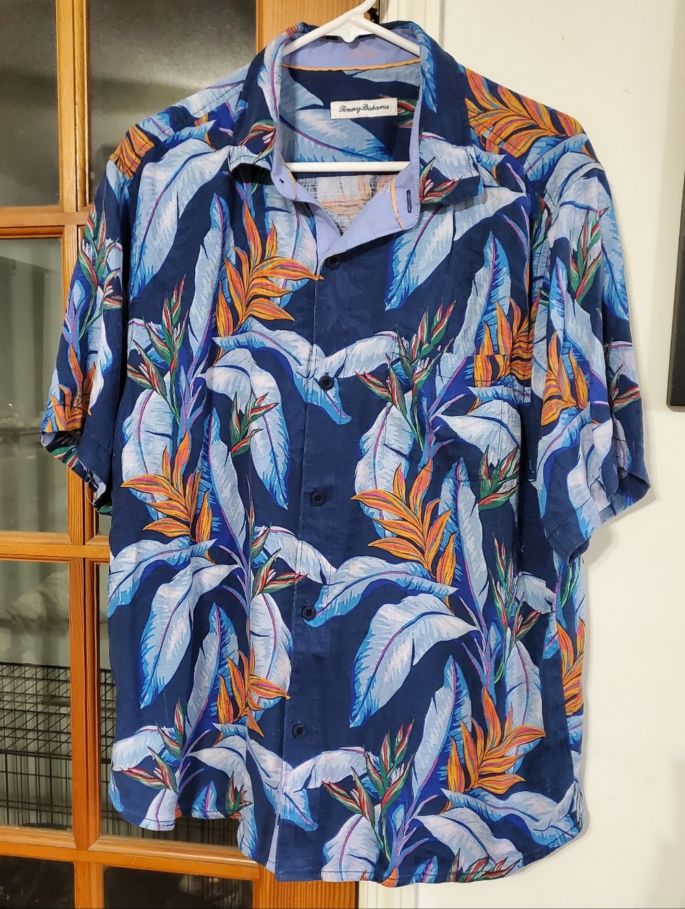 Tommy Bahama 100% Silk Bird of Paradise Hawaiian Camp Shirt Mens L Blue